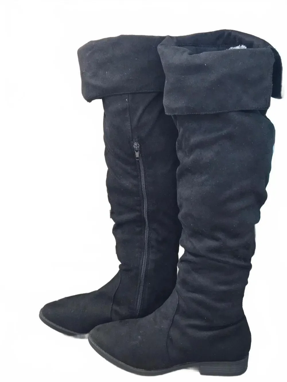 Bella Marie Black Over-the-Knee Fold-Over Flat Boots with Side Zipper